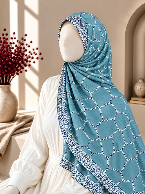 Crinkle Printed Hijab – Aqua Blue