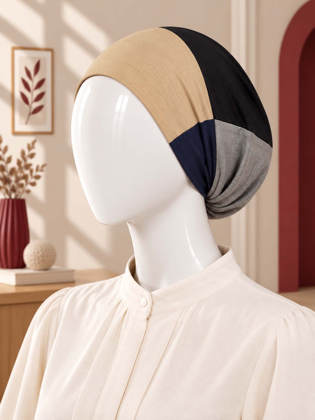 A color-blocked hijab tube displayed on a white mannequin head. The hijab tube features four distinct color panels: a wide beige section, a black section, a dark navy section, and a heather gray section.