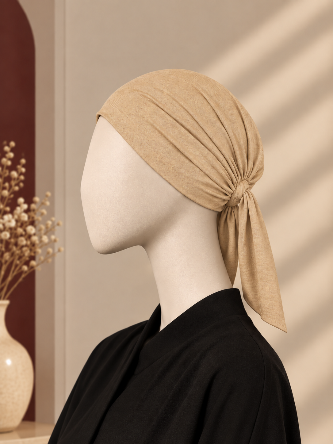 A beige knotted hijab cap displayed on a white mannequin head, styled with a black top against a warm beige background with soft window shadow patterns.