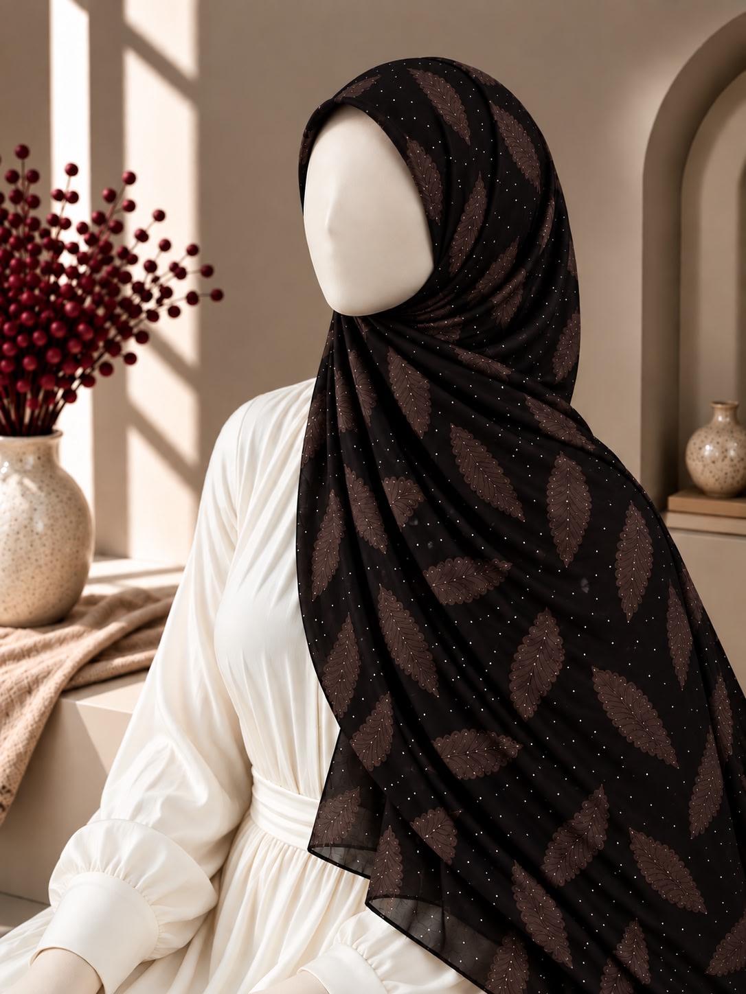 A chocolate black hijab with a brown leaf pattern and tiny white speckles, styled on a white mannequin dress in a warm, sunlit interior setting.