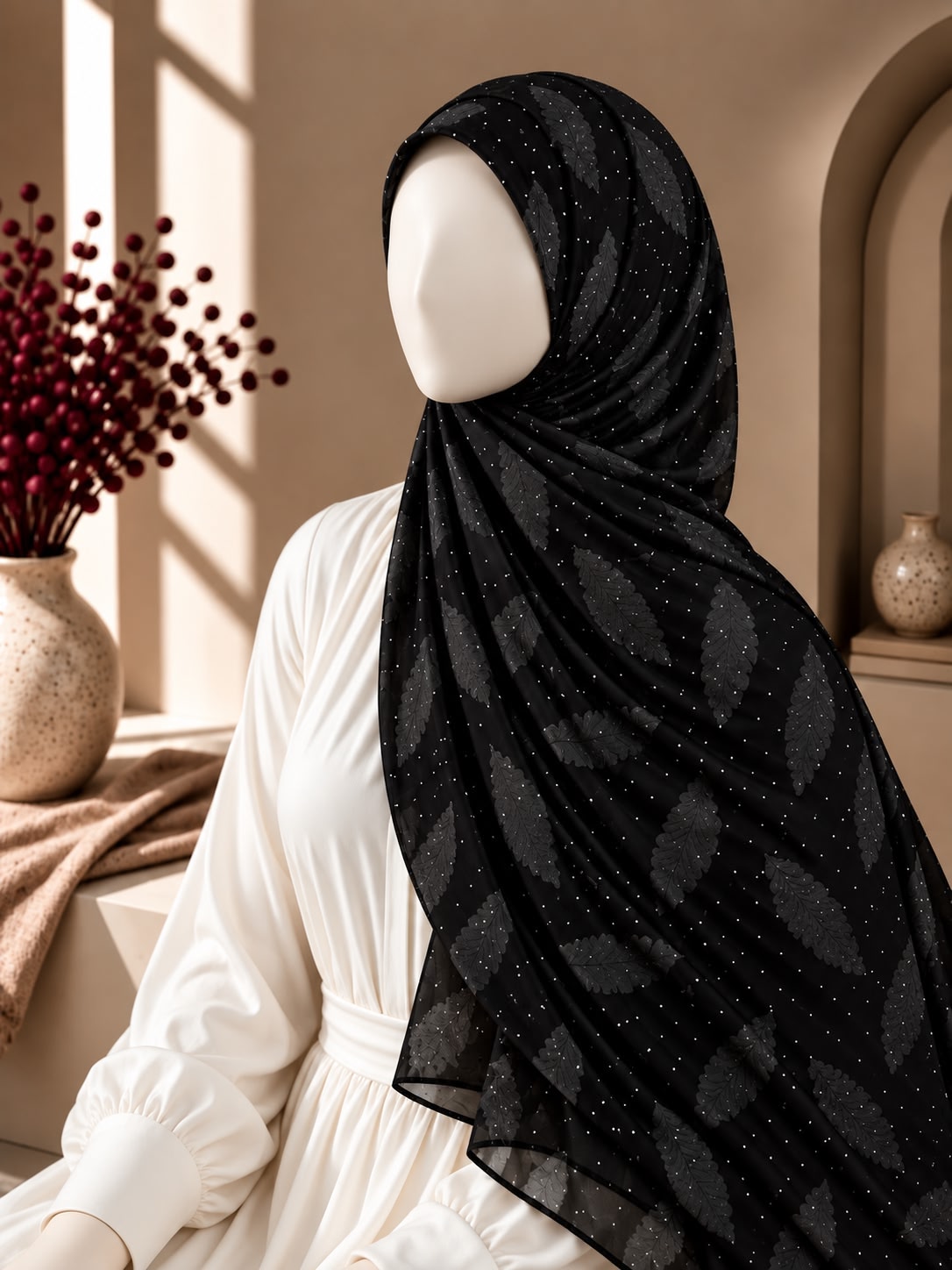 A black hijab with a subtle leaf pattern and tiny silver glitter dots, draped on a white mannequin torso in a warm, sunlit interior setting.