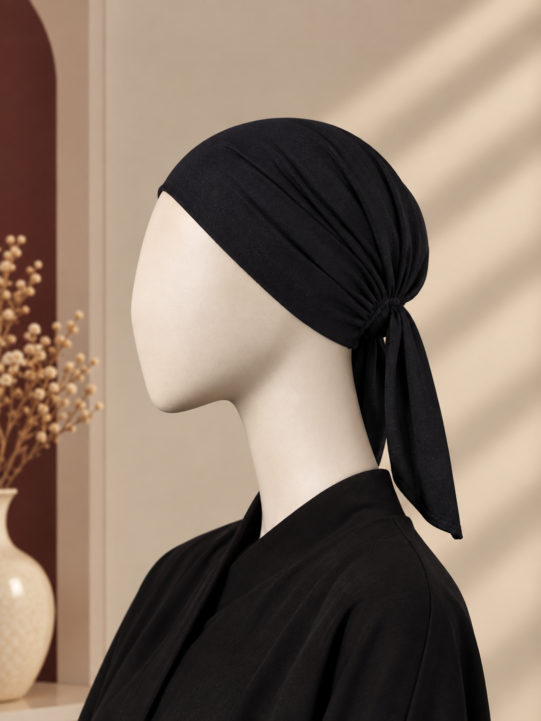 A black hijab cap styled on a white mannequin head, shown in profile against a warm beige background with soft shadow patterns.