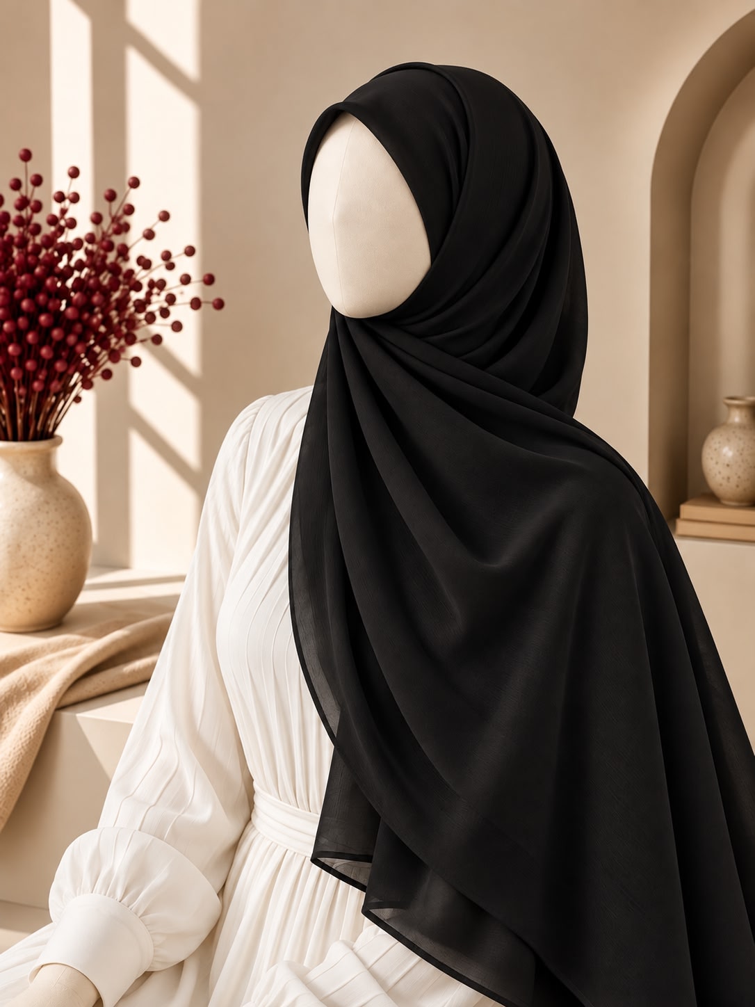 A black draped hijab styled on a mannequin torso wearing a white long-sleeve dress, set in a warm beige interior with window light, red berry decor, and an arched alcove in the background.