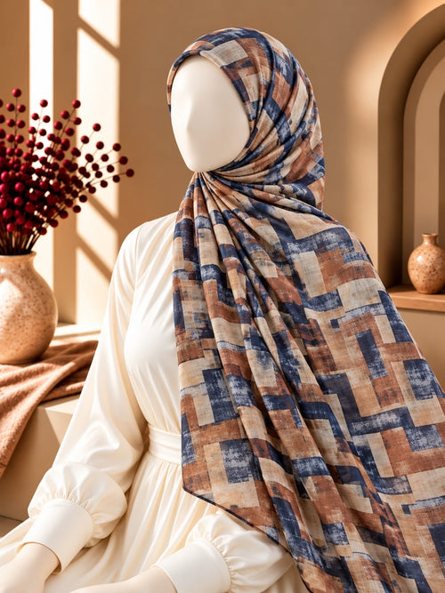 Geometric Printed Lawn Hijab – Blue & Brown