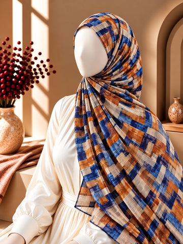 Geometric Printed Lawn Hijab – Blue & Orange