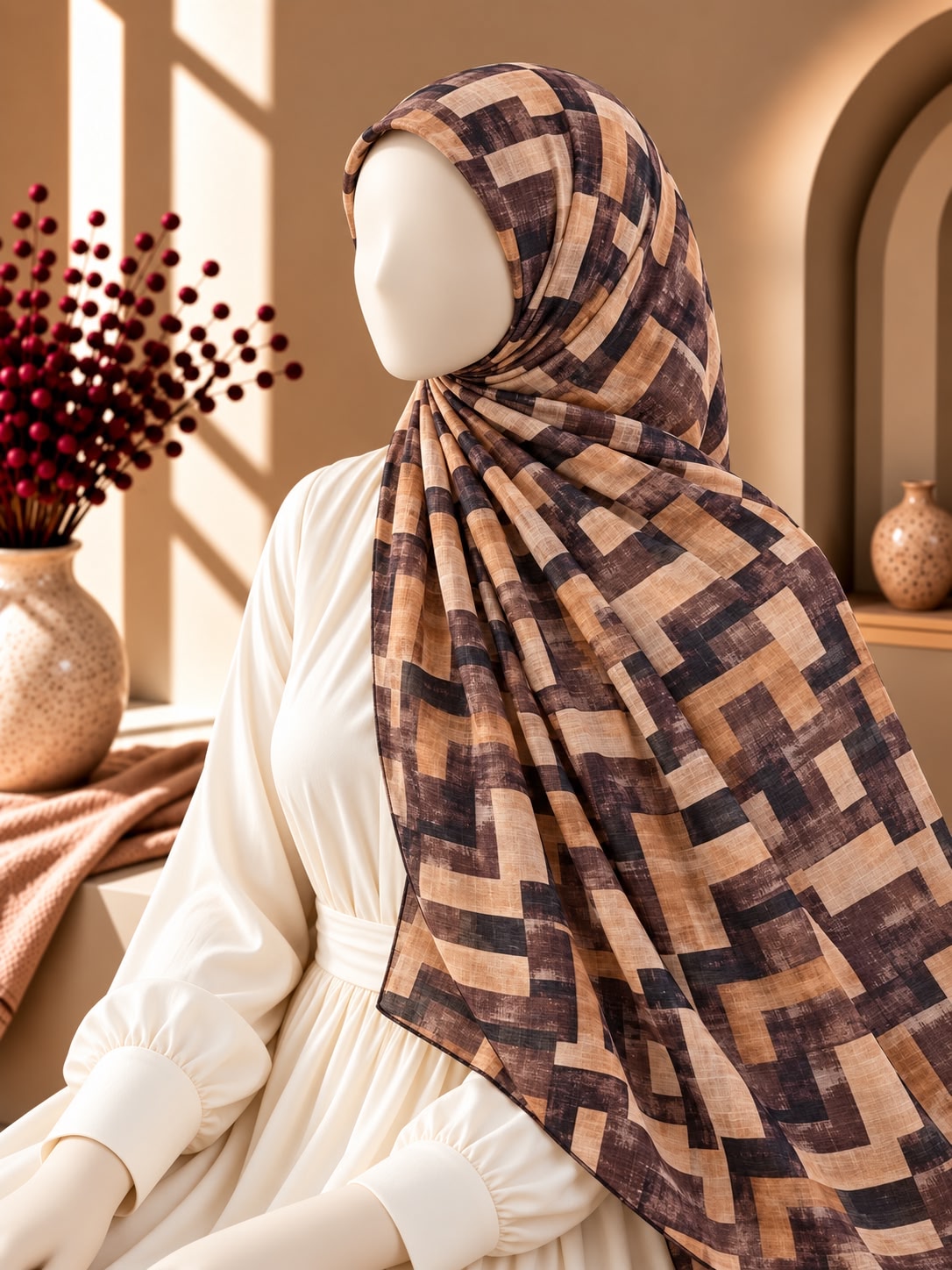 Geometric Printed Lawn Hijab – Brown & Beige