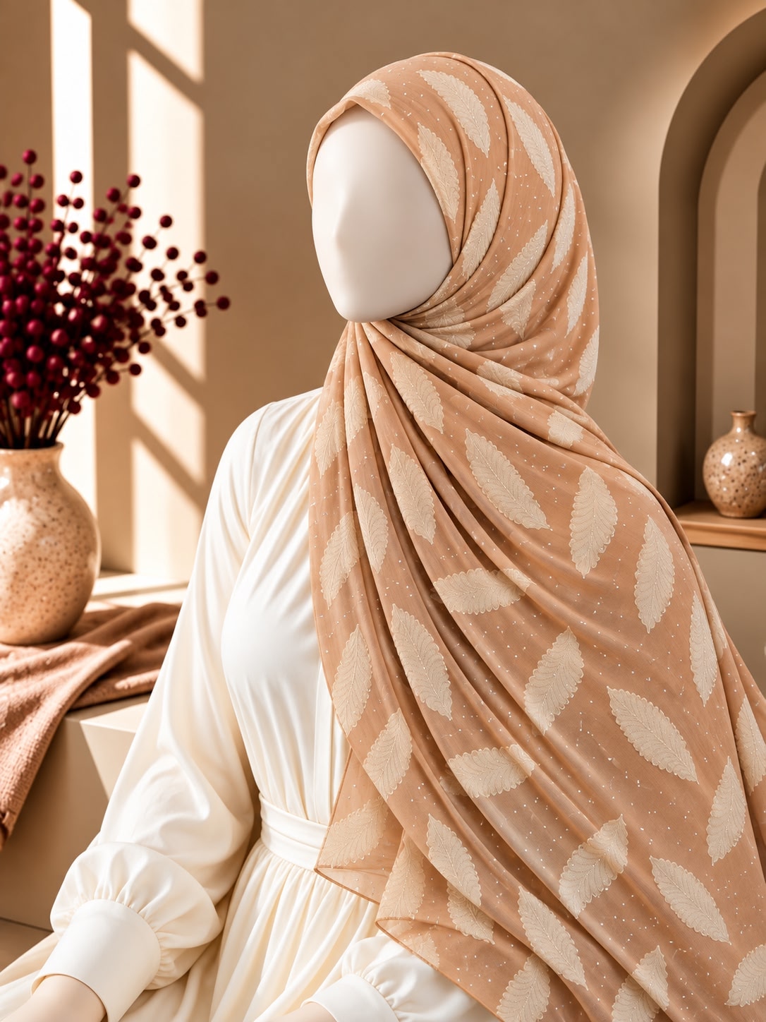 A draped hijab in a warm beige and cream leaf pattern, styled on a white mannequin wearing a cream dress in a warm, sunlit interior setting.
