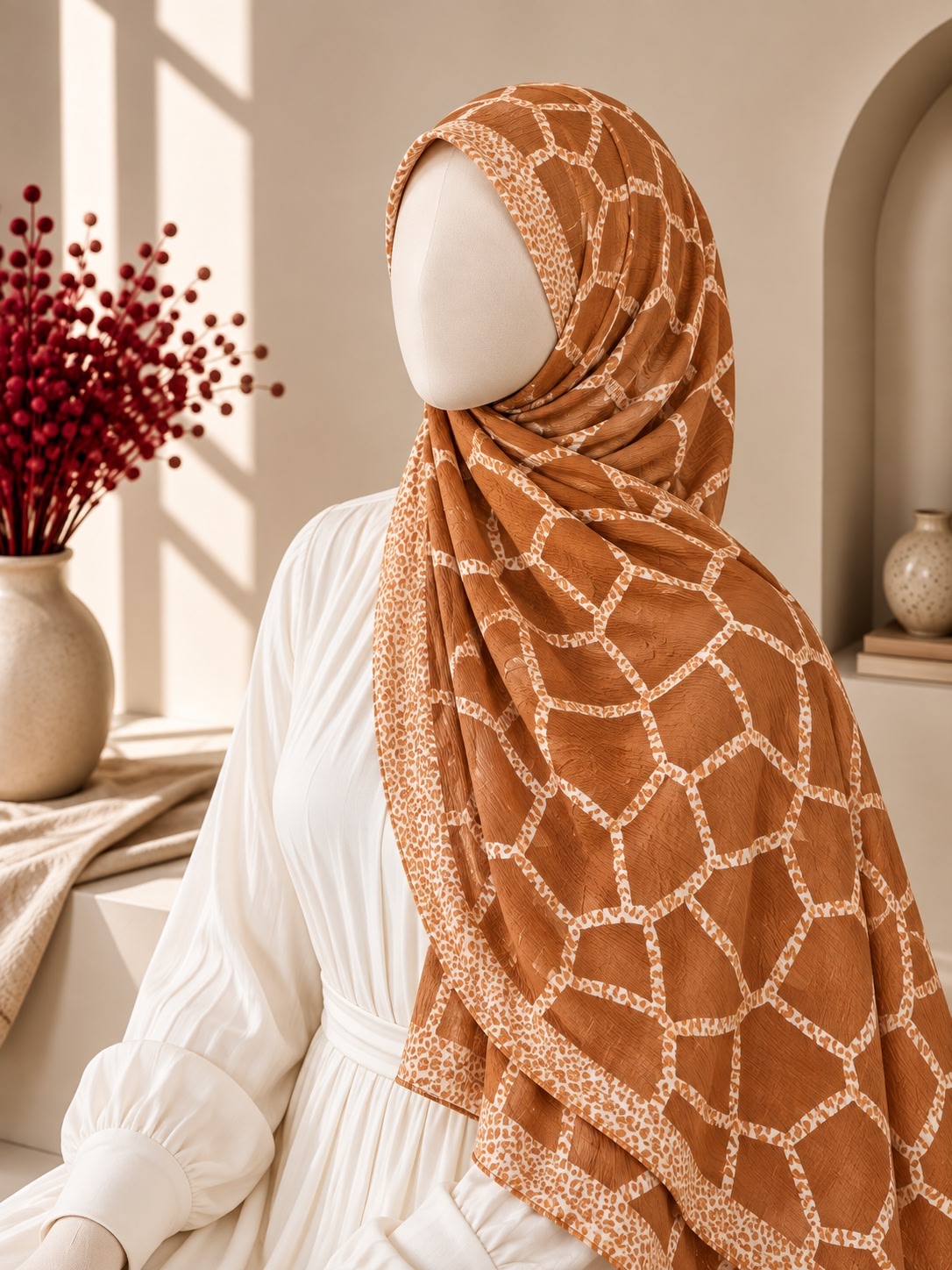 A terracotta brown hijab with a cream geometric lattice pattern and matching border, styled on a white mannequin torso in a warm, sunlit interior setting.