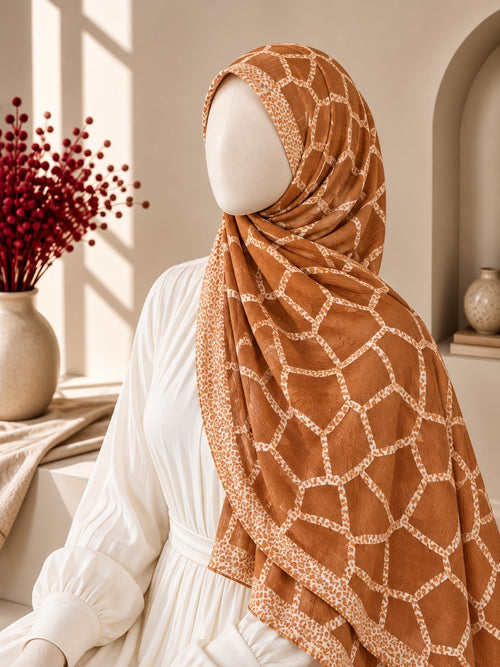 Crinkle Printed Hijab – Camel Brown