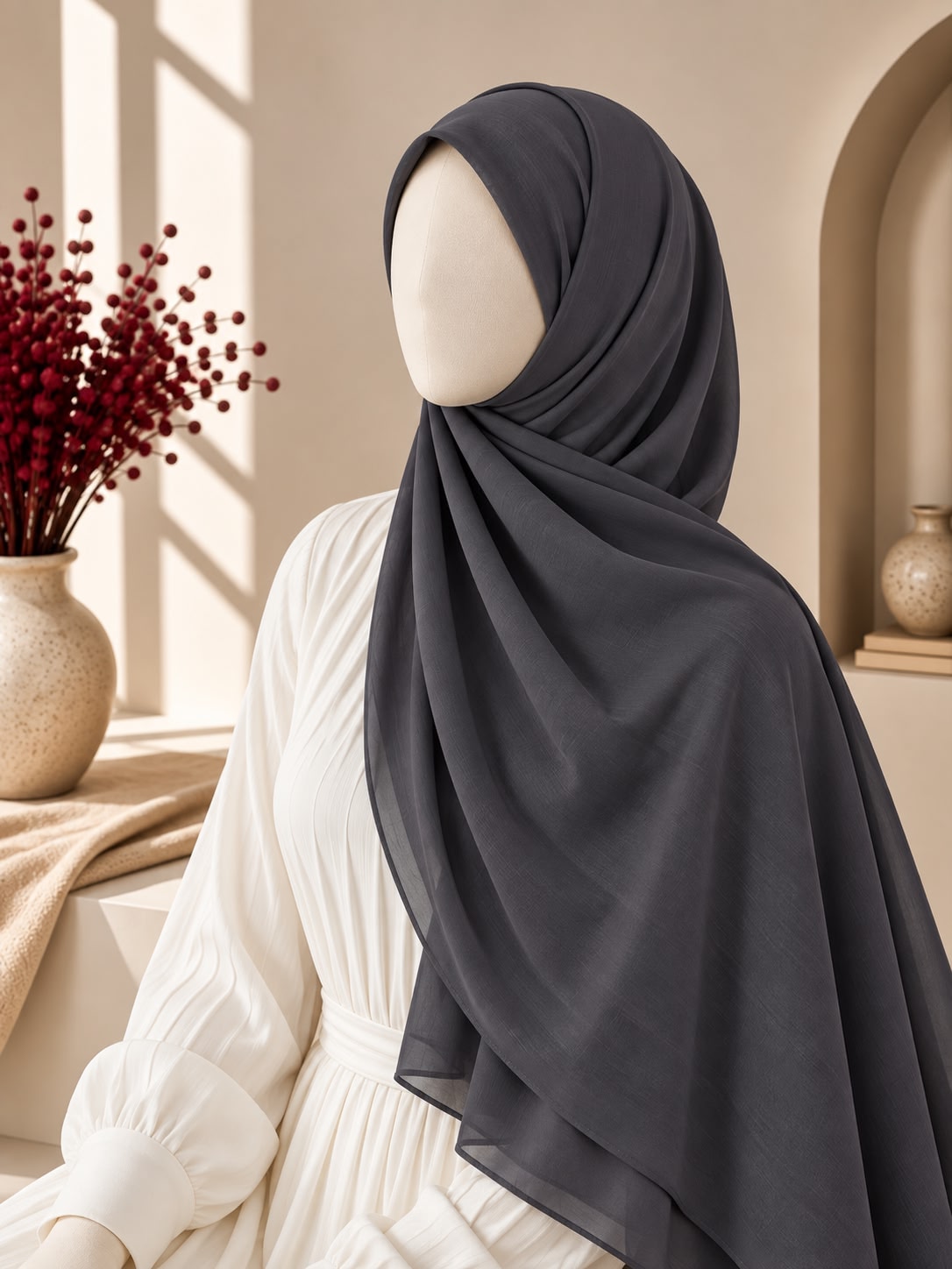 A dark charcoal gray hijab draped elegantly on a mannequin wearing a white long-sleeve dress, set in a warm, sunlit interior with a vase of red berries on the left.