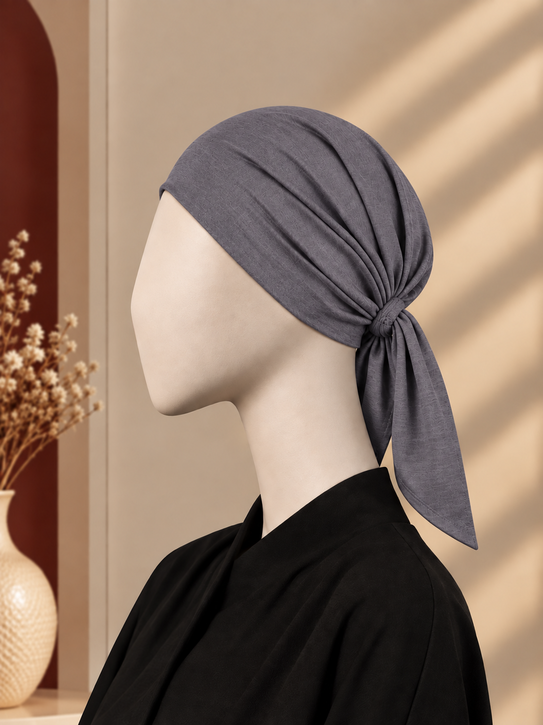 A dark gray hijab cap tied in a knot at the back, displayed on a mannequin head wearing a black top. The background is a warm beige wall with soft diagonal shadows, and a decorative vase with dried flowers is visible on the left.