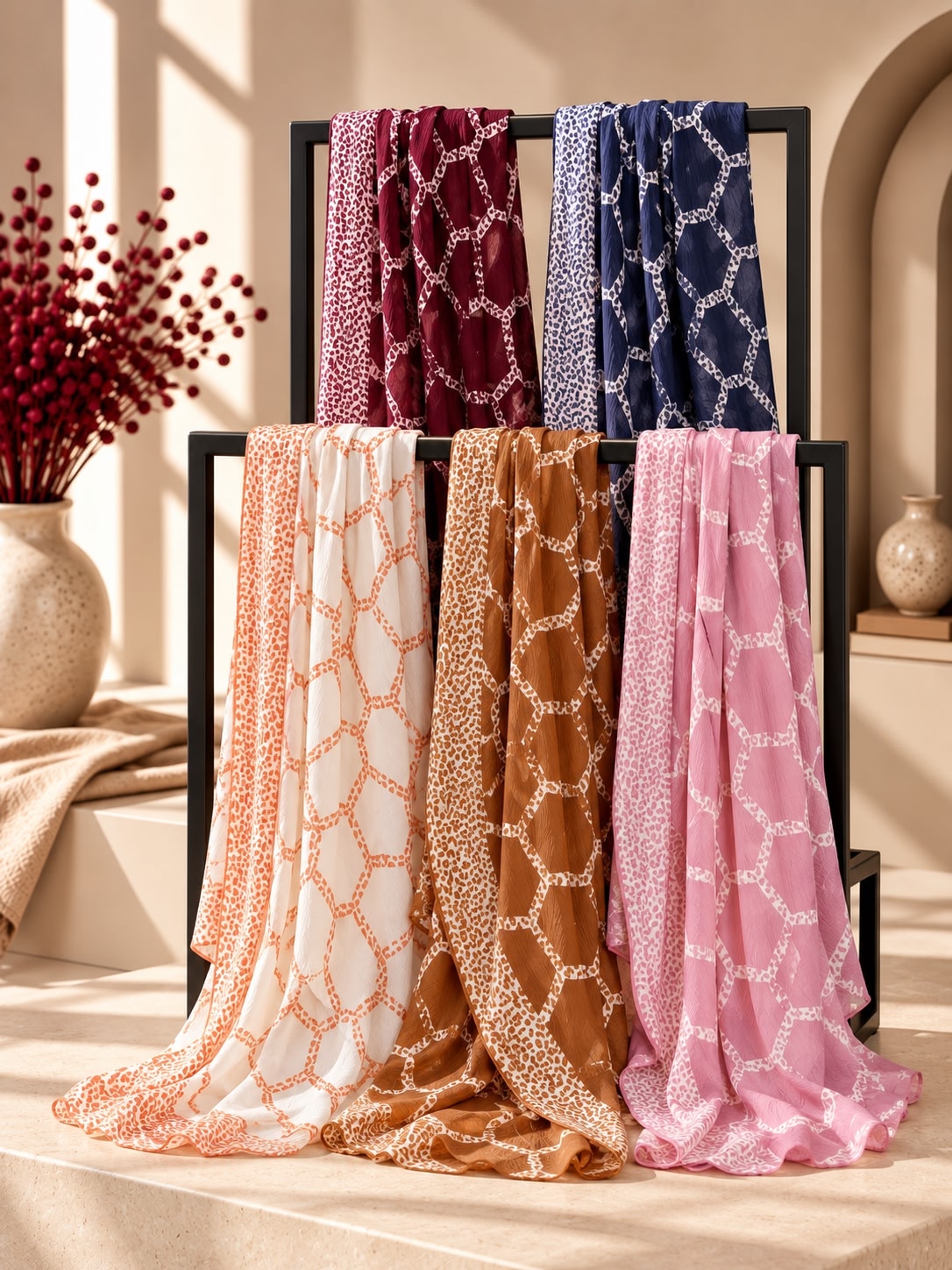 Five lightweight patterned hijabs in white, peach, brown, and pink are draped over a black metal display rack in a warm, sunlit interior setting.