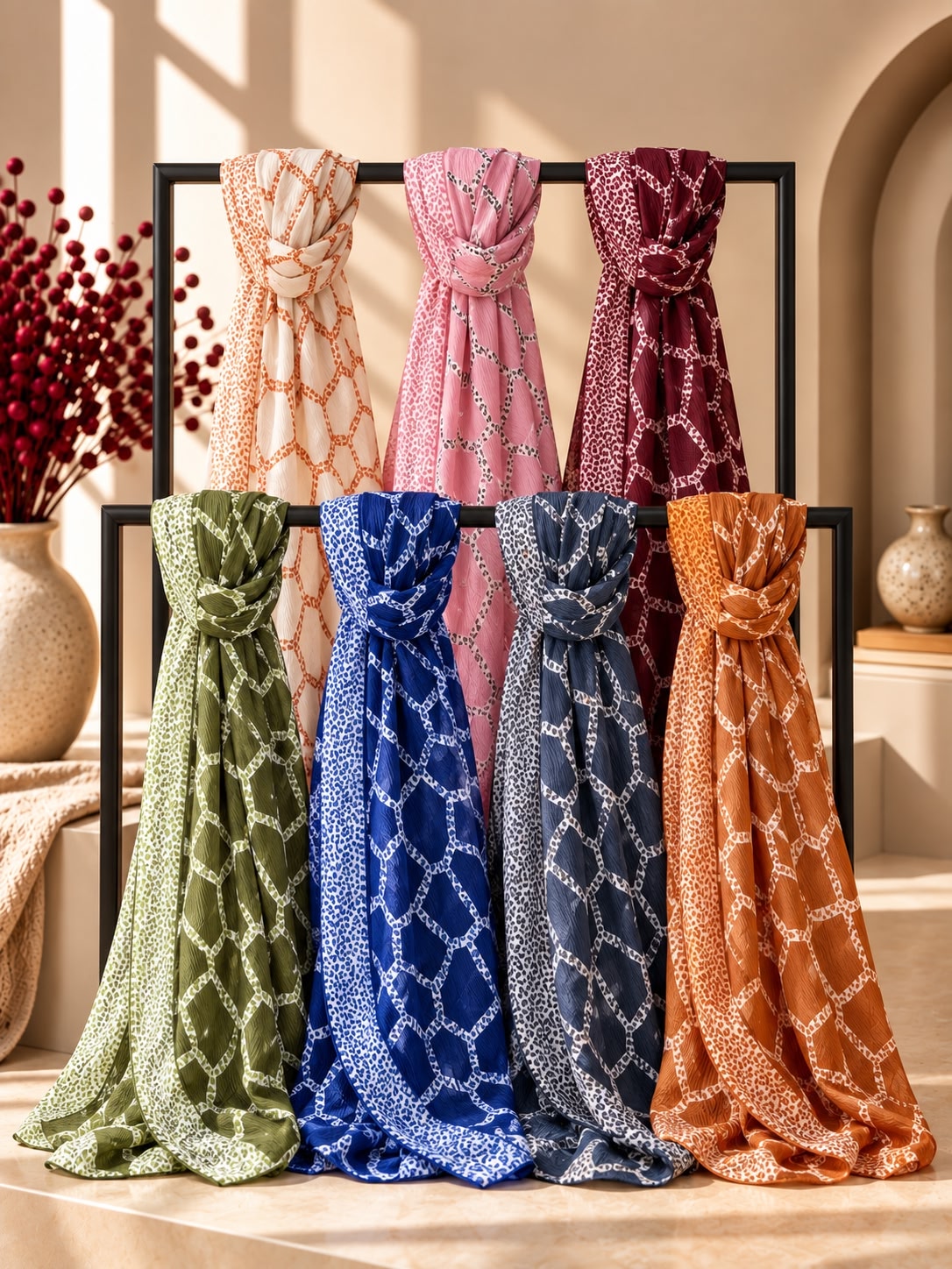 Seven patterned hijabs in assorted colors are displayed on a black metal stand in a warm, sunlit interior setting. The hijabs feature a repeating geometric trellis pattern and are arranged in two rows, with some draped elegantly in front of the stand.