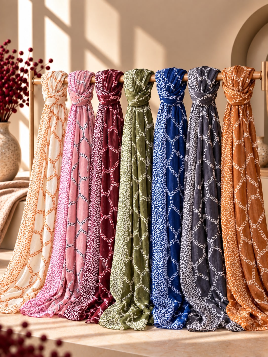 Seven lightweight patterned hijabs in different colors are draped side by side on a wooden stand in a warm, sunlit interior. The hijabs include cream, pink, burgundy, olive green, blue, gray, and orange, each with a repeating geometric trellis-like pattern.