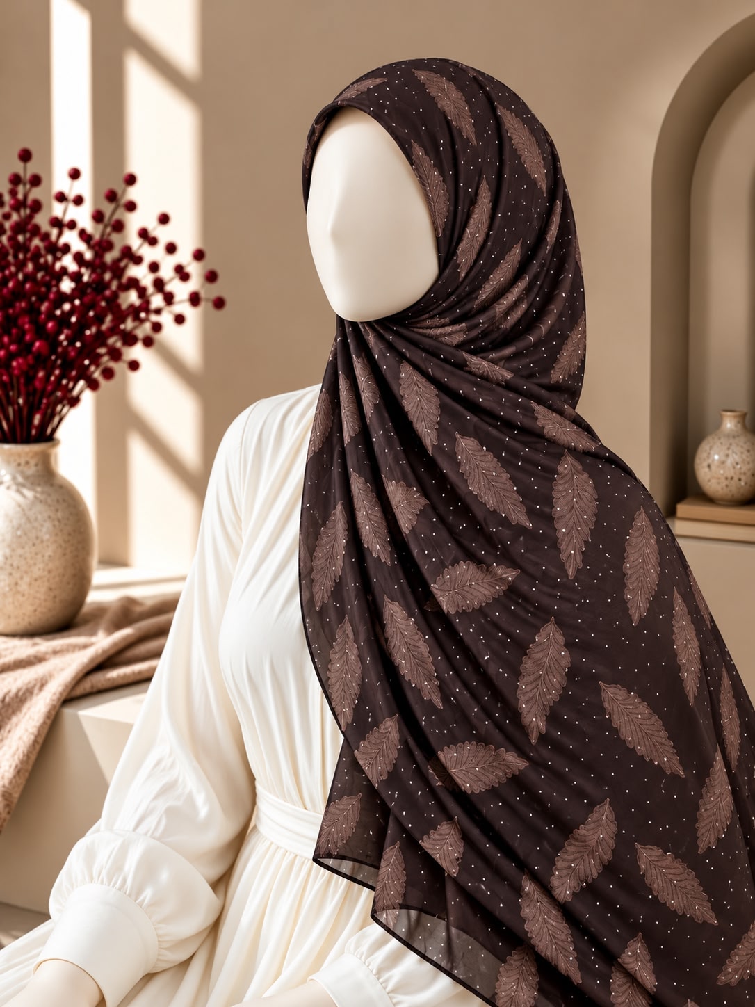 A draped hijab in dark brown with a leaf pattern and subtle glitter, styled on a white mannequin dress in a warm, sunlit interior setting.
