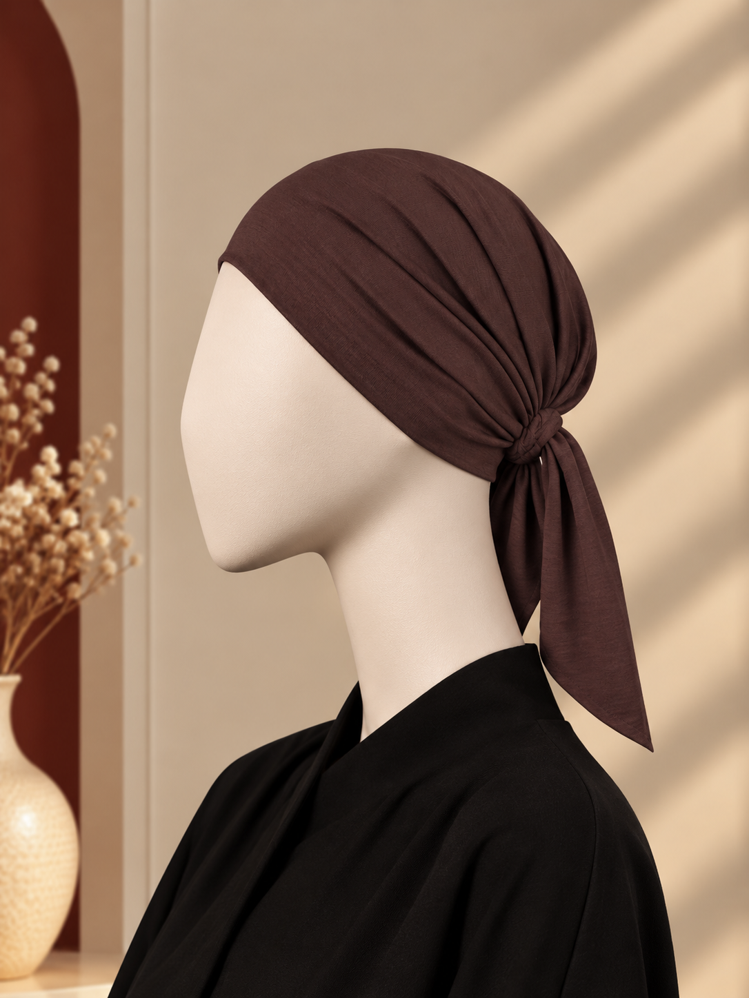 A dark brown hijab cap tied in a knot on a white mannequin head, styled with a black top against a warm beige background with soft window shadow patterns.