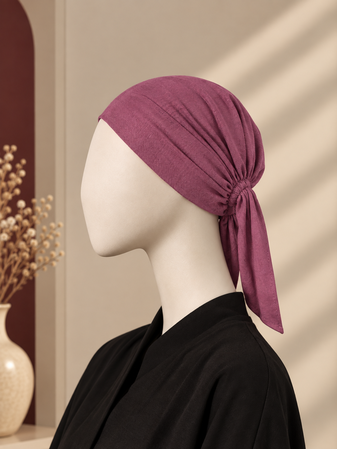 A mauve-purple hijab cap or scrunchie-style head covering displayed on a white mannequin head, wearing a black top in a softly lit indoor setting.