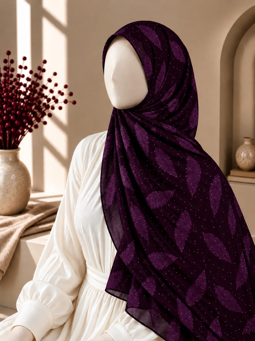 A dark purple hijab with a subtle leaf pattern and tiny gold glitter flecks, styled on a mannequin wearing a white dress in a warm, sunlit interior setting.