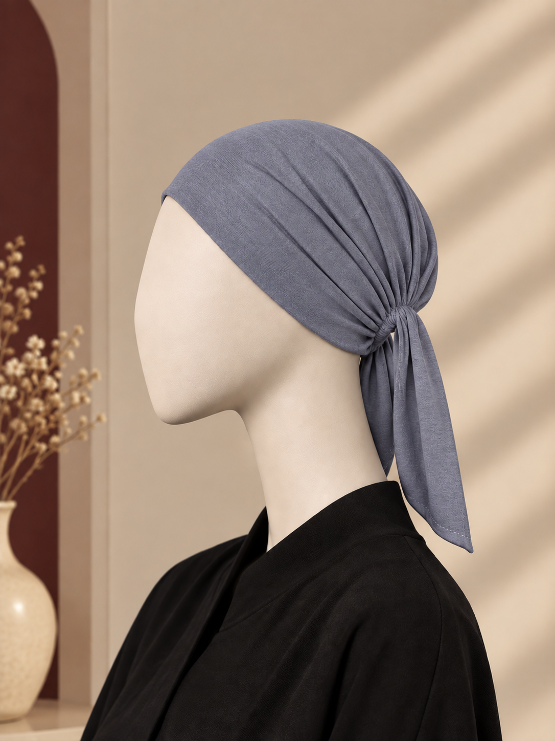 A slate blue hijab cap tied in a knot on a mannequin head, styled with a black top against a warm beige background with soft window shadows.