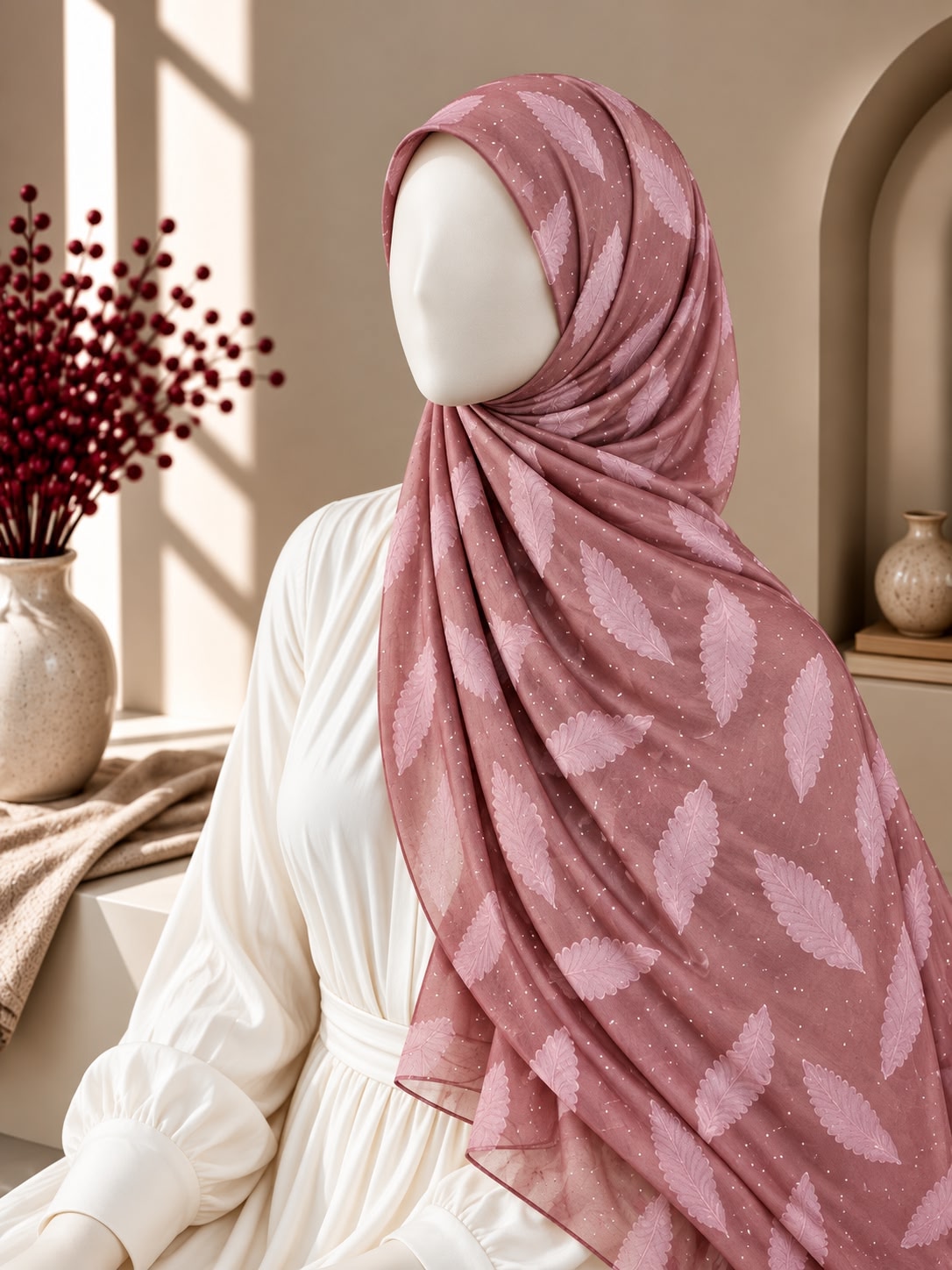 A dusty pink hijab with a lighter pink leaf pattern draped over a white dress on a mannequin, set in a warm, sunlit interior with a vase of red berries in the background.