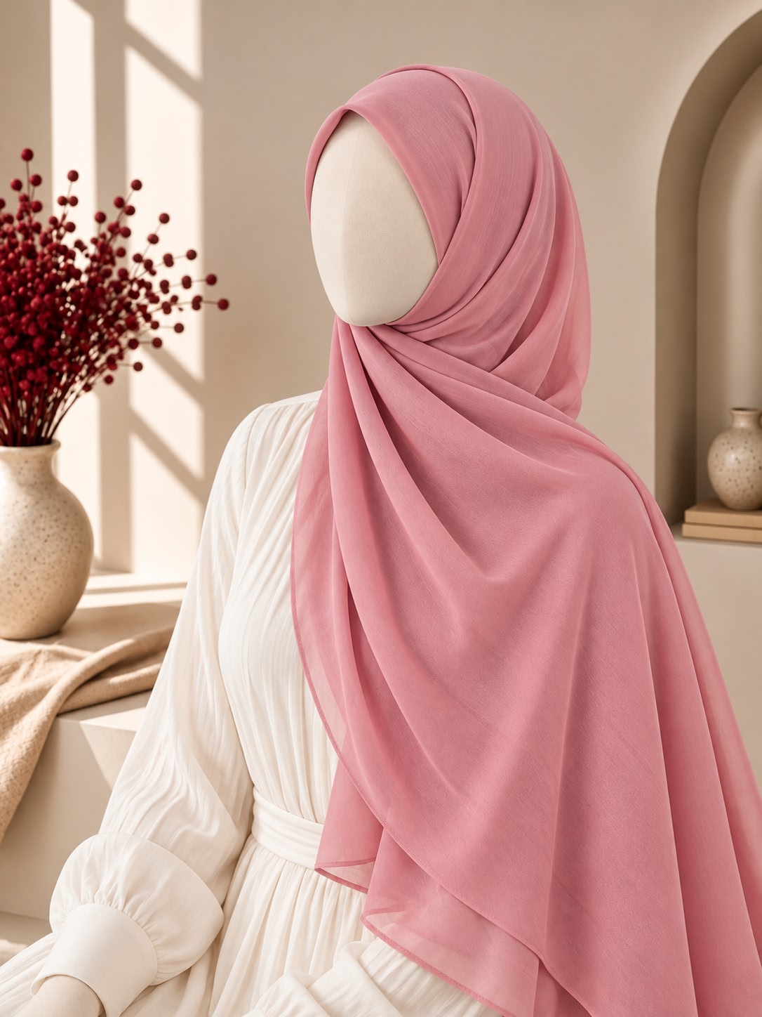 A dusty pink hijab draped elegantly on a mannequin wearing a white long-sleeve dress, set in a warm, sunlit interior with a vase of red berries on a windowsill.