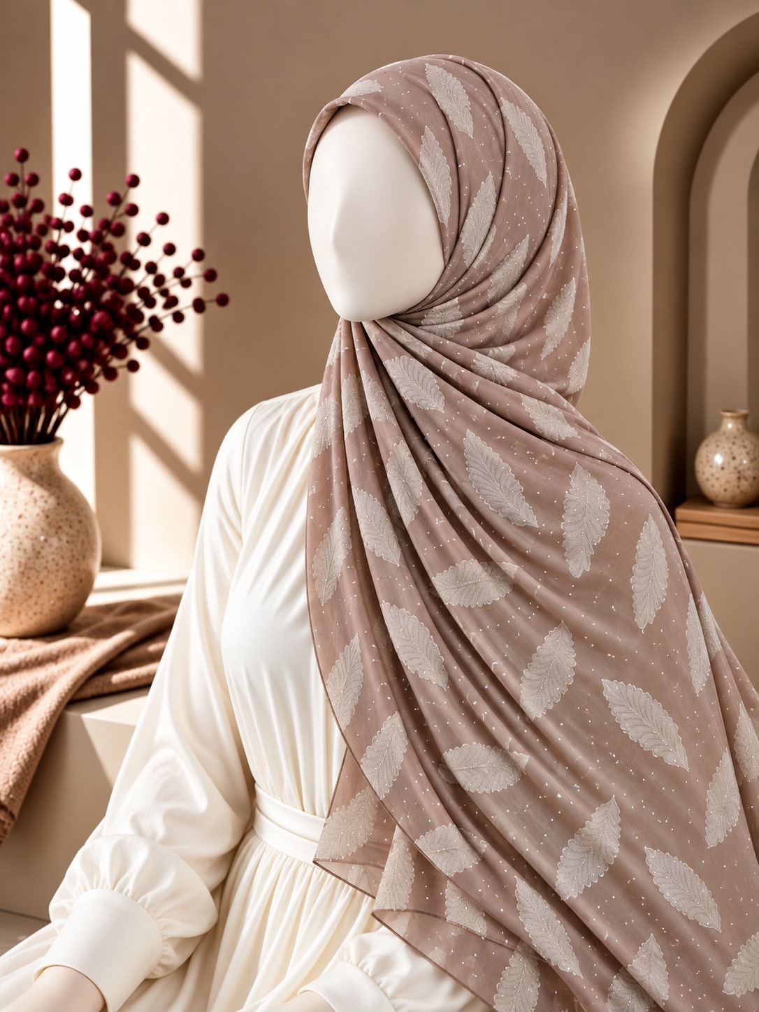 A draped hijab in a dusty taupe-brown with a light beige leaf pattern, styled on a white mannequin in a warm, sunlit interior setting.