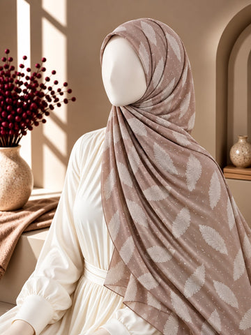 A draped hijab in a dusty taupe-brown with a light beige leaf pattern, styled on a white mannequin in a warm, sunlit interior setting.