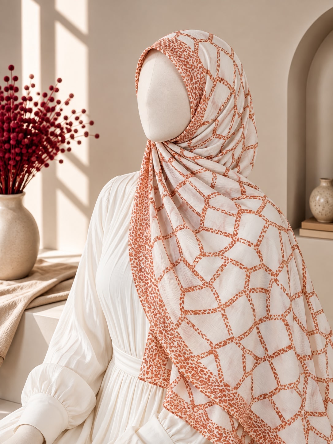 A white hijab with a rust-orange geometric lattice pattern and matching border, styled on a mannequin wearing a white dress in a warm, sunlit interior setting.
