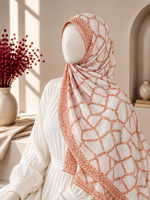 Crinkle Printed Hijab – Ivory Rust