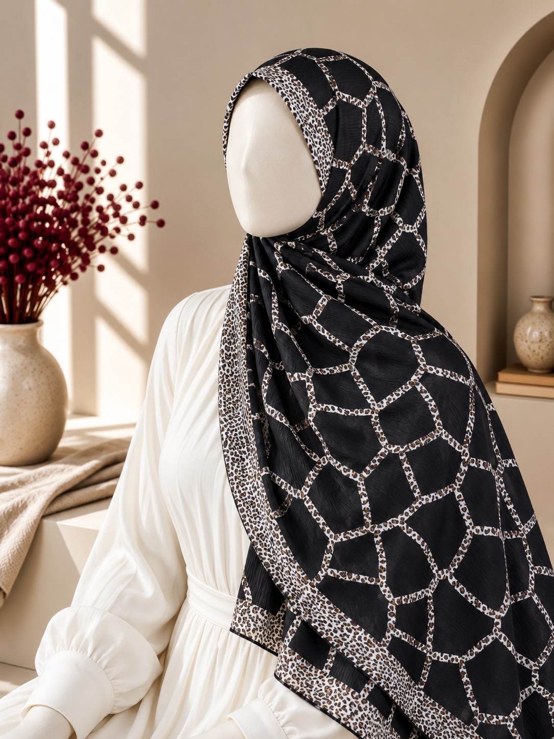 A black hijab with a silver geometric lattice pattern and a matching patterned border, styled on a white mannequin dress in a warm, sunlit interior setting.