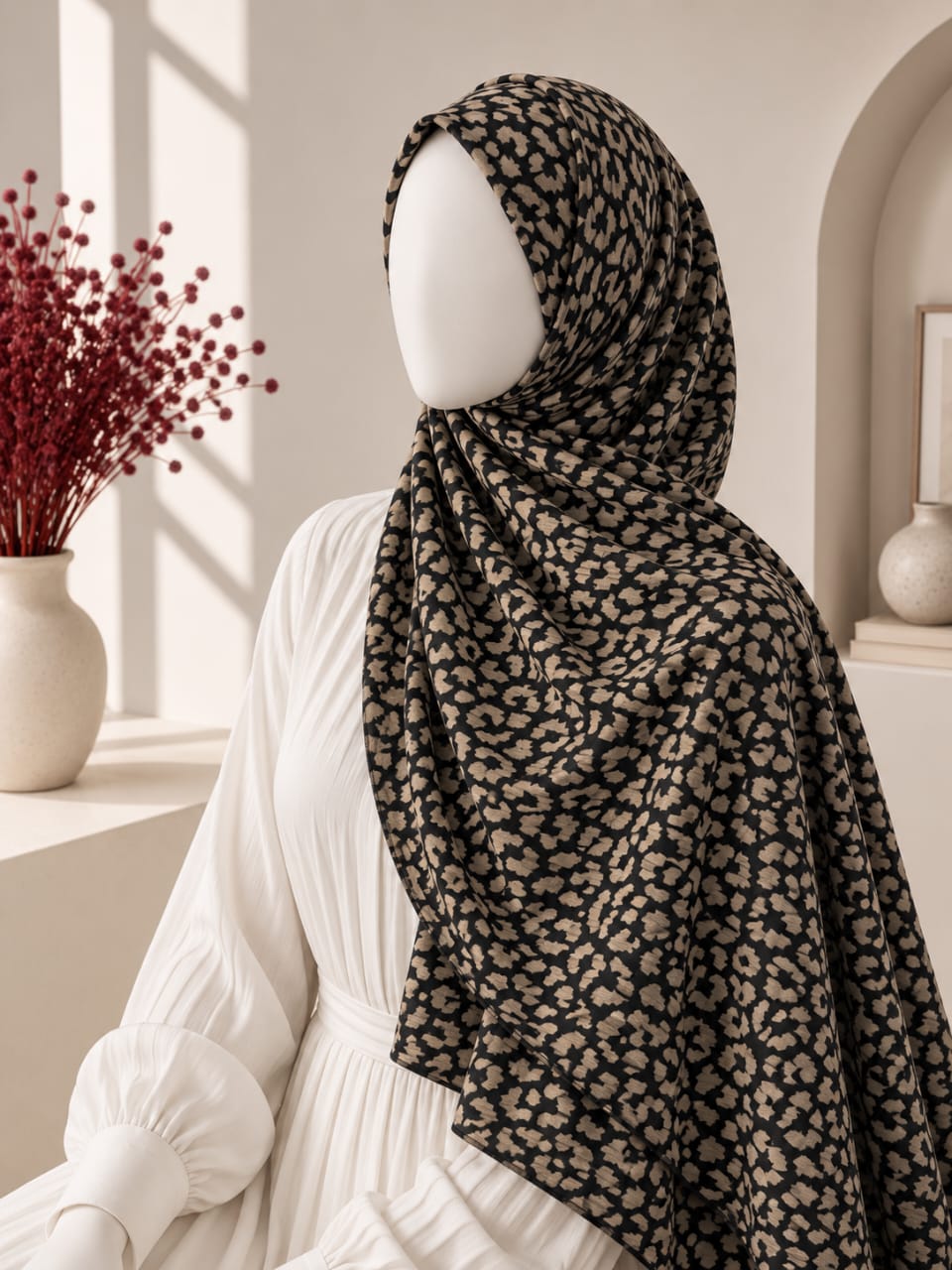 A black and beige floral-patterned hijab draped over a white dress on a mannequin, set in a warm, sunlit interior with a vase of red berries in the background.