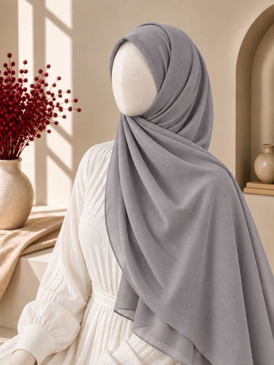 A light gray hijab draped elegantly on a mannequin wearing a white long-sleeve dress, set in a warm, sunlit interior with beige walls, a window frame, and a vase of red berries.