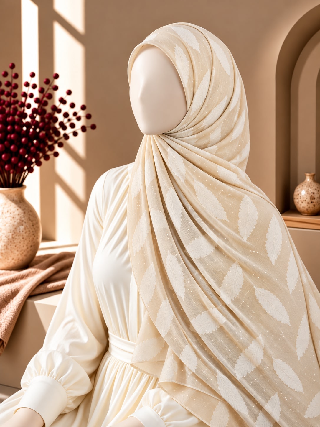 A cream-colored hijab with a white leaf pattern draped over a mannequin wearing a matching cream dress in a warm, sunlit interior setting.