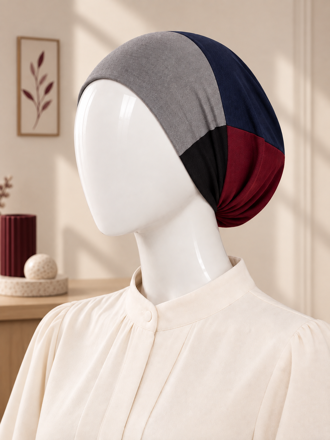 A color-blocked hijab tube displayed on a white mannequin head, styled with a cream-colored blouse in a warm, softly lit room.