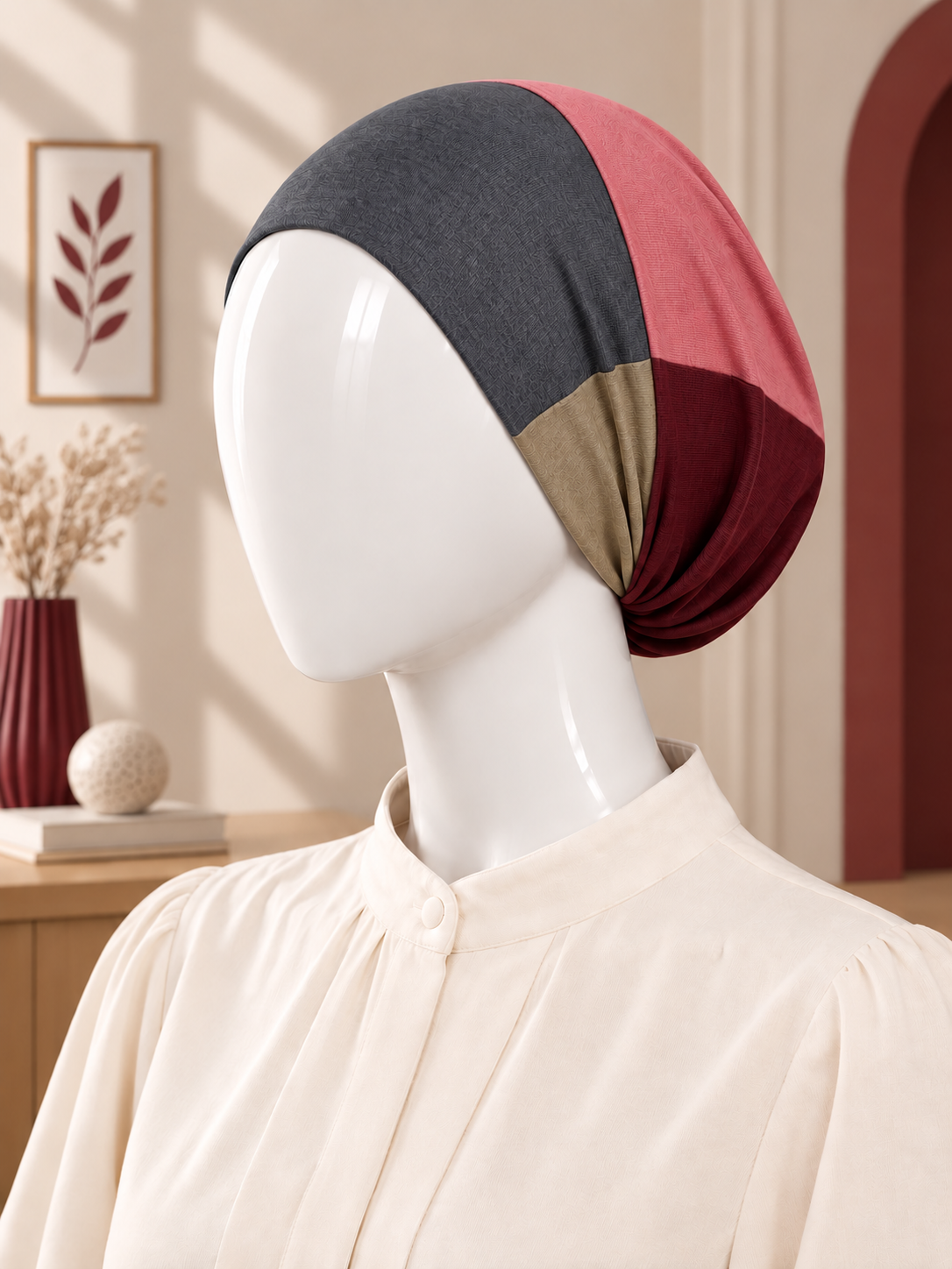 A color-blocked hijab tube displayed on a white mannequin head, styled with a cream-colored blouse in a warm, softly lit interior setting.