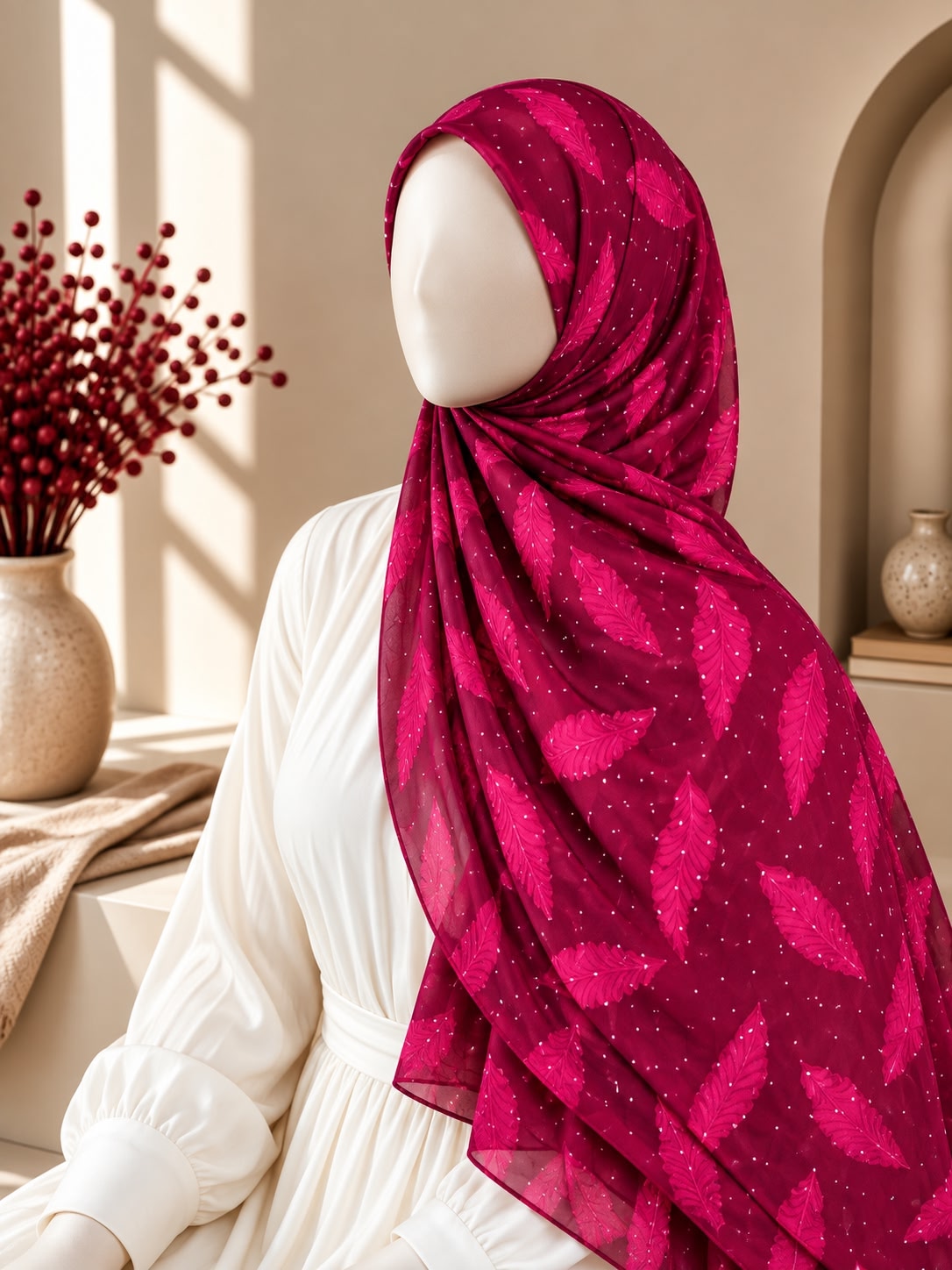 A deep magenta hijab with a leaf pattern and subtle gold glitter, styled on a white mannequin in a warm, sunlit interior setting.