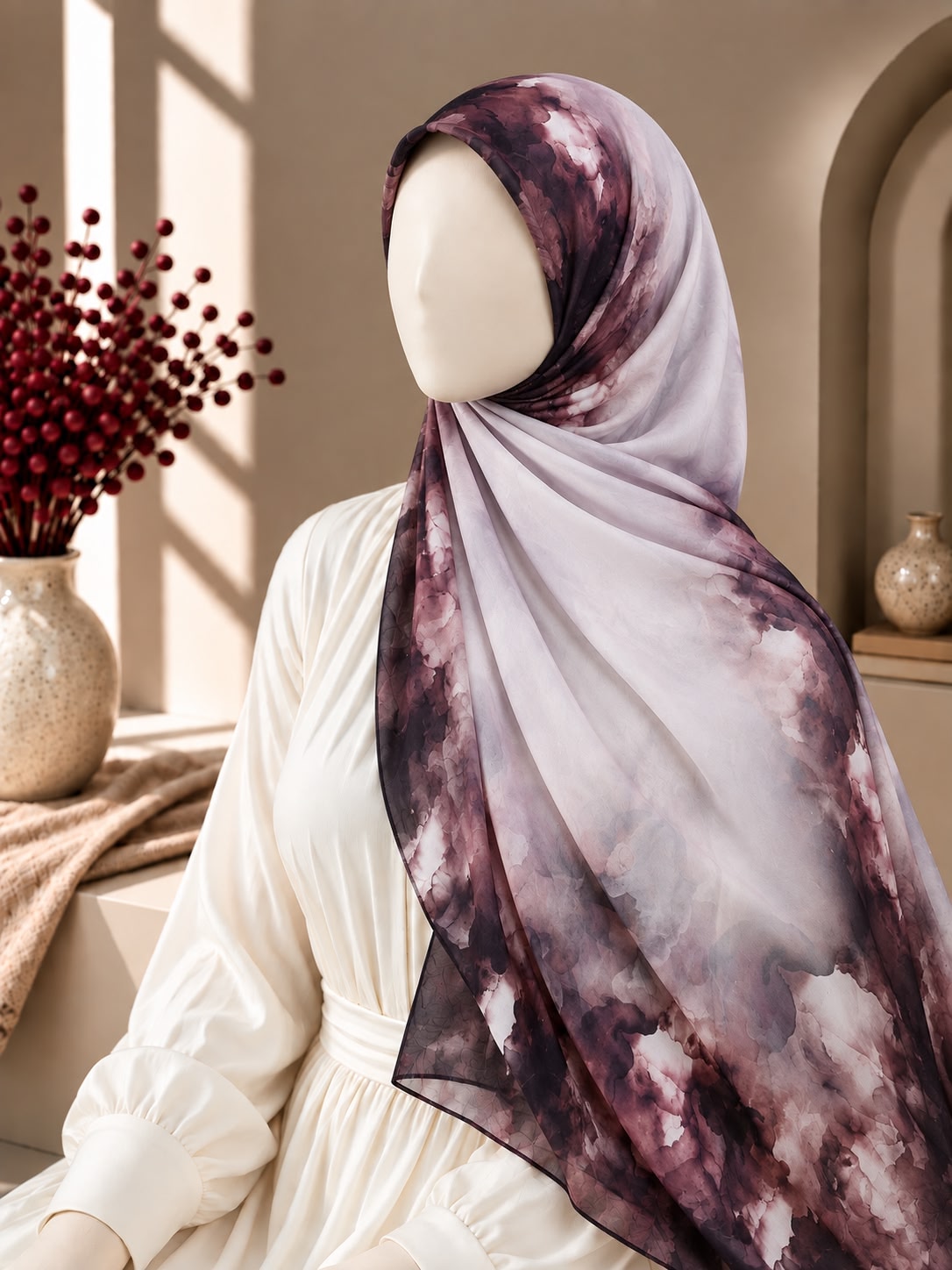 A lightweight hijab with a purple and gray cloudy watercolor pattern, styled on a cream-colored mannequin in a warm, sunlit interior setting.
