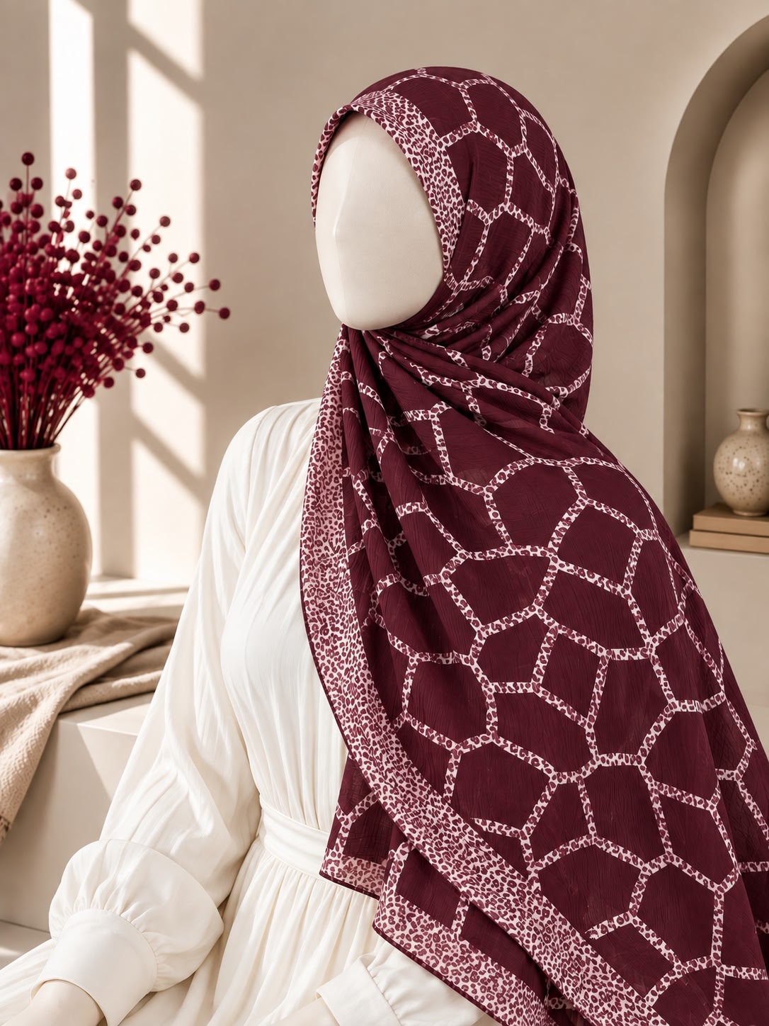 A maroon hijab with a white geometric lattice pattern and a matching patterned border, styled on a mannequin wearing a white dress in a warm, sunlit interior setting.