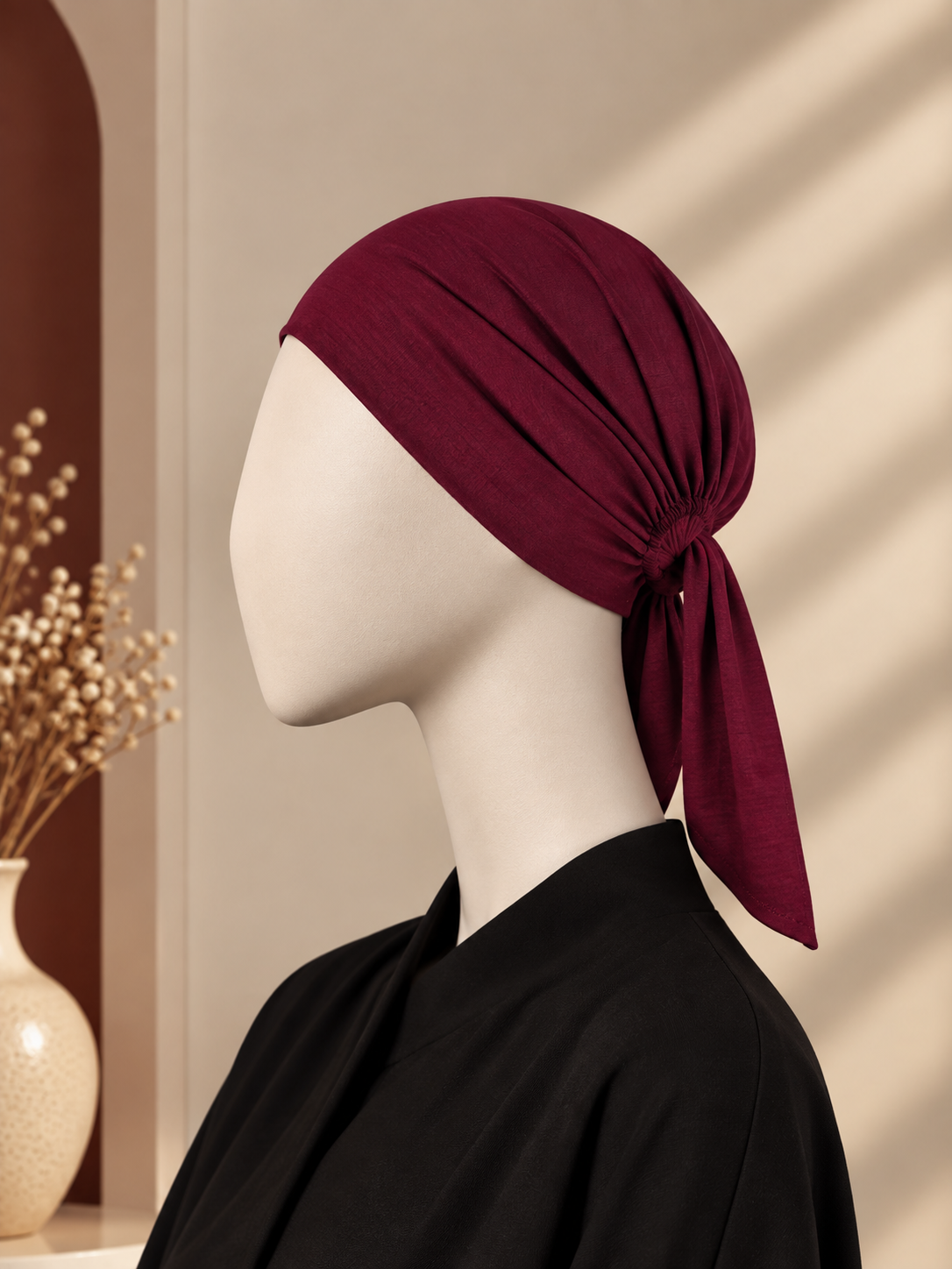 A deep burgundy knotted hijab cap displayed on a white mannequin head, styled with a black top against a warm beige background with soft window shadow patterns.