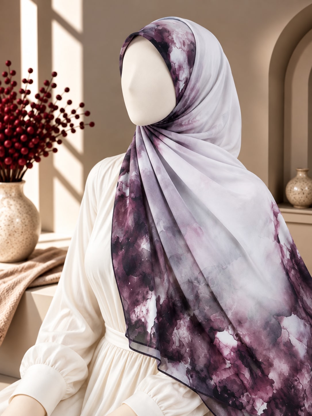 A lightweight hijab with a purple and white watercolor-like print, styled on a white mannequin wearing a white dress in a warm, sunlit interior setting.