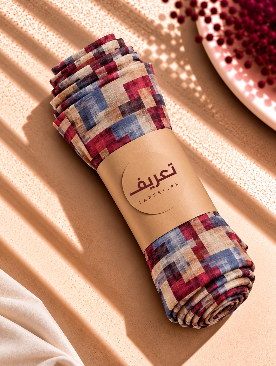 A rolled hijab with a multicolor plaid pattern in red, blue, beige, and white, wrapped in a tan paper band labeled 'TAREEf,' photographed on a warm beige textured surface with soft shadows.