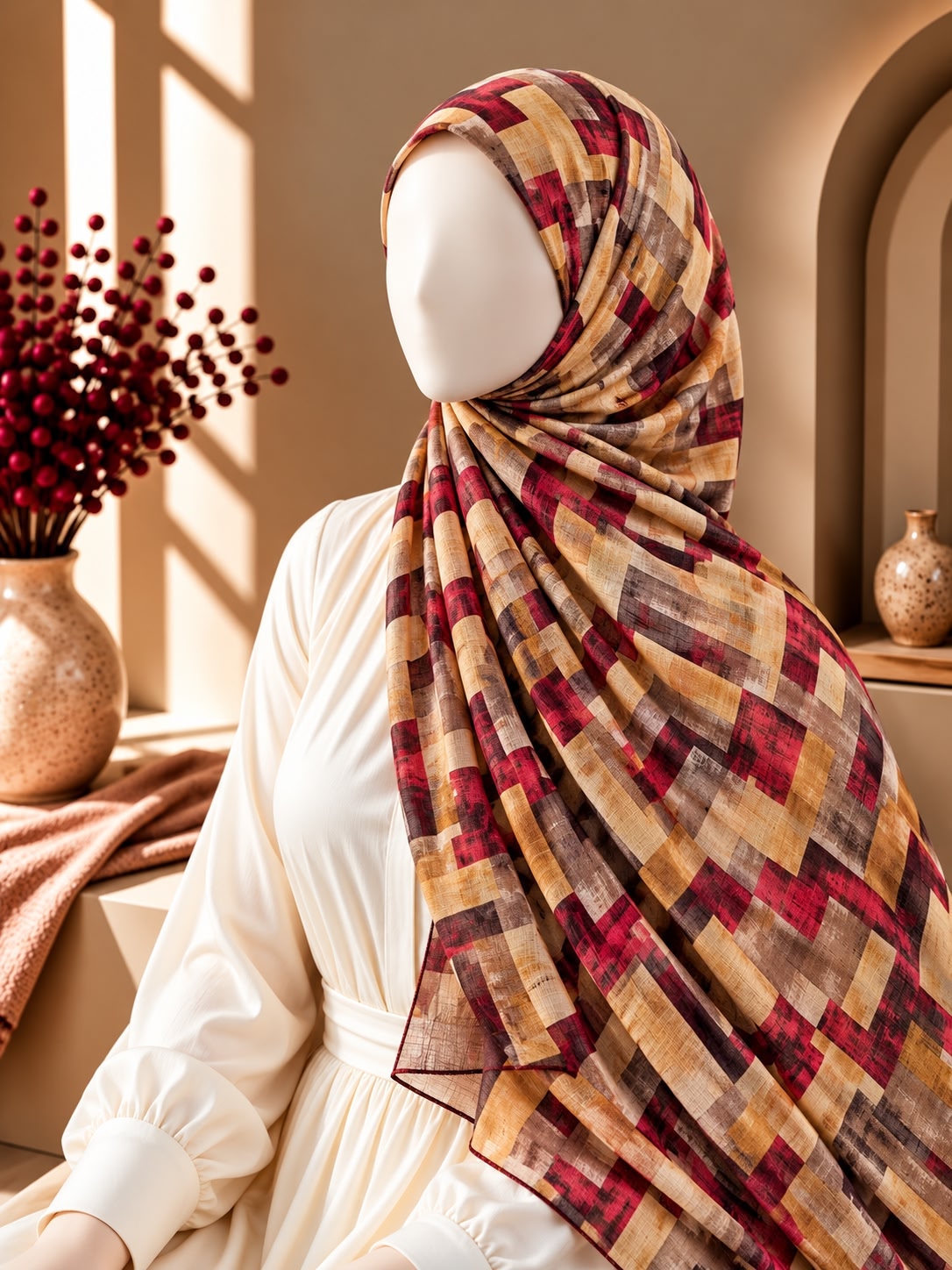 A patterned hijab draped on a white mannequin wearing a cream dress, set in a warm, sunlit interior with decorative vases and architectural details.