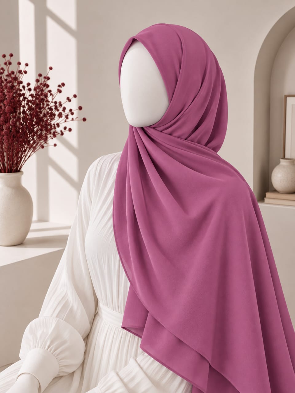 A mauve-pink hijab draped elegantly on a white mannequin wearing a white long-sleeve dress, set in a softly lit, minimalist interior with a vase of dried red flowers on the left.