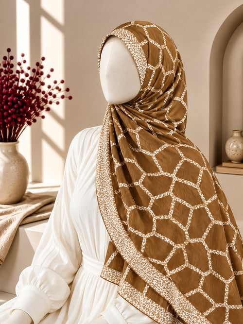 Crinkle Printed Hijab – Mustard Brown