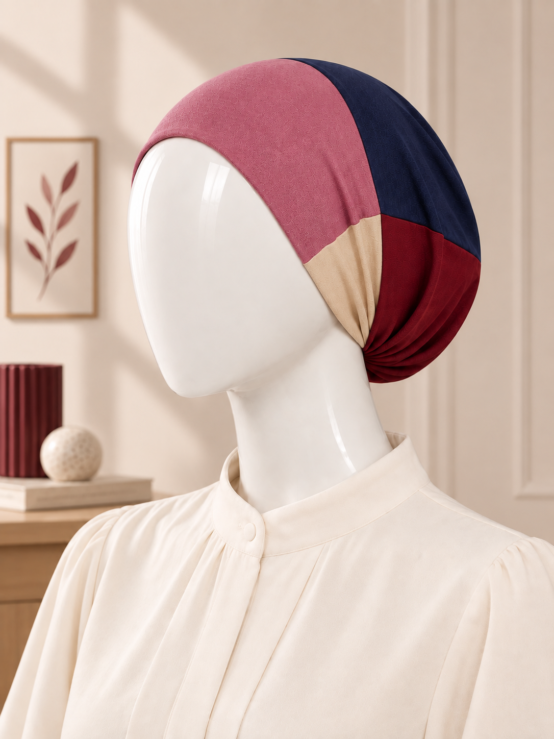A color-blocked hijab tube displayed on a white mannequin head. The hijab tube features four color panels: dusty pink, navy blue, beige, and deep burgundy.