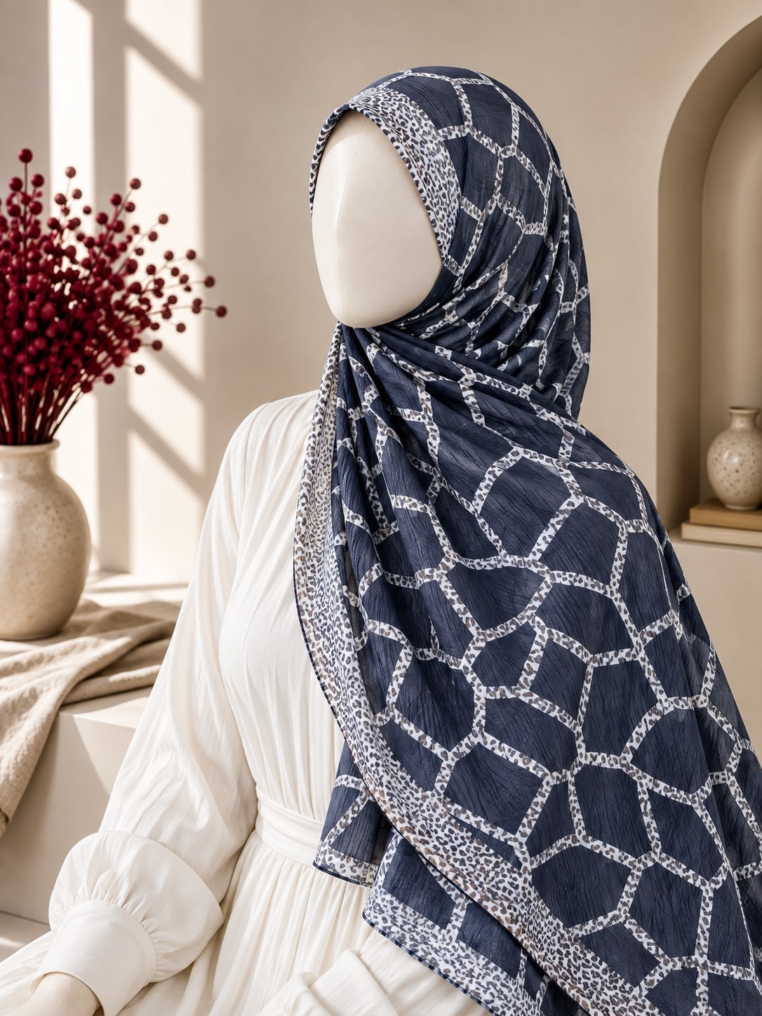 A navy blue hijab with a white geometric lattice pattern and a matching patterned border, styled on a mannequin wearing a white long-sleeve dress in a warm, sunlit interior setting.