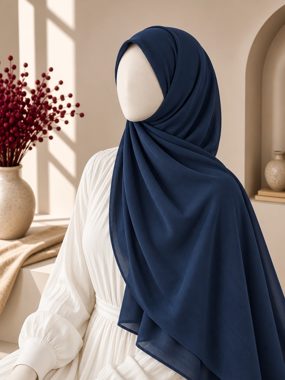 A navy blue hijab draped elegantly on a white mannequin dress, set in a warm, sunlit interior with a vase of red berries in the background.