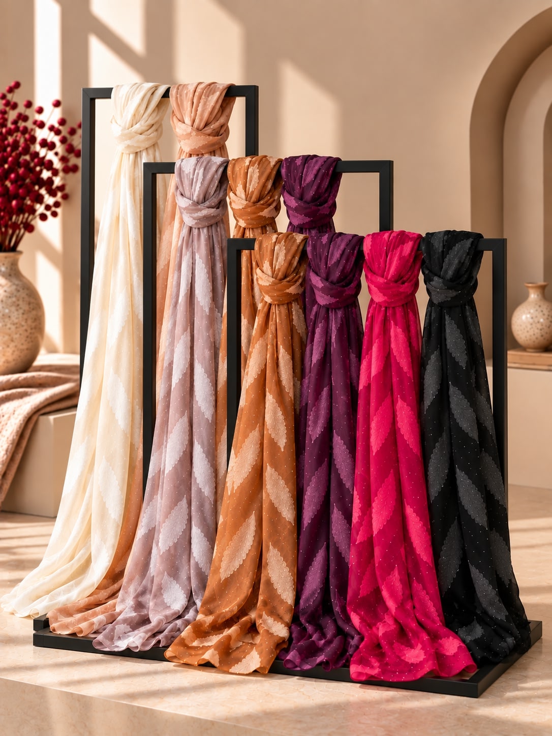 Nine knotted hijabs in cream, blush, tan, plum, magenta, and black are displayed on a black metal stand in a warm, sunlit interior setting.
