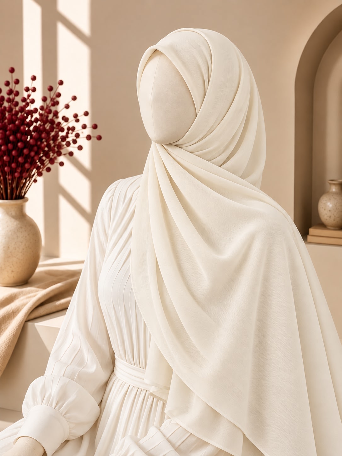 An off-white hijab draped elegantly on a mannequin wearing a matching cream-colored dress, set in a warm, sunlit interior with beige walls and a vase of red berries in the background.