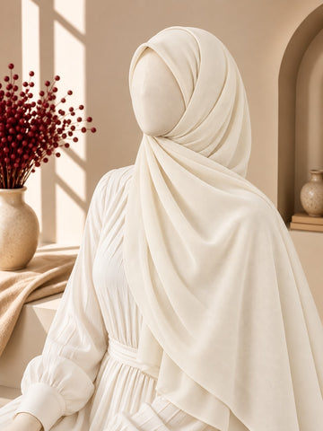 An off-white hijab draped elegantly on a mannequin wearing a matching cream-colored dress, set in a warm, sunlit interior with beige walls and a vase of red berries in the background.